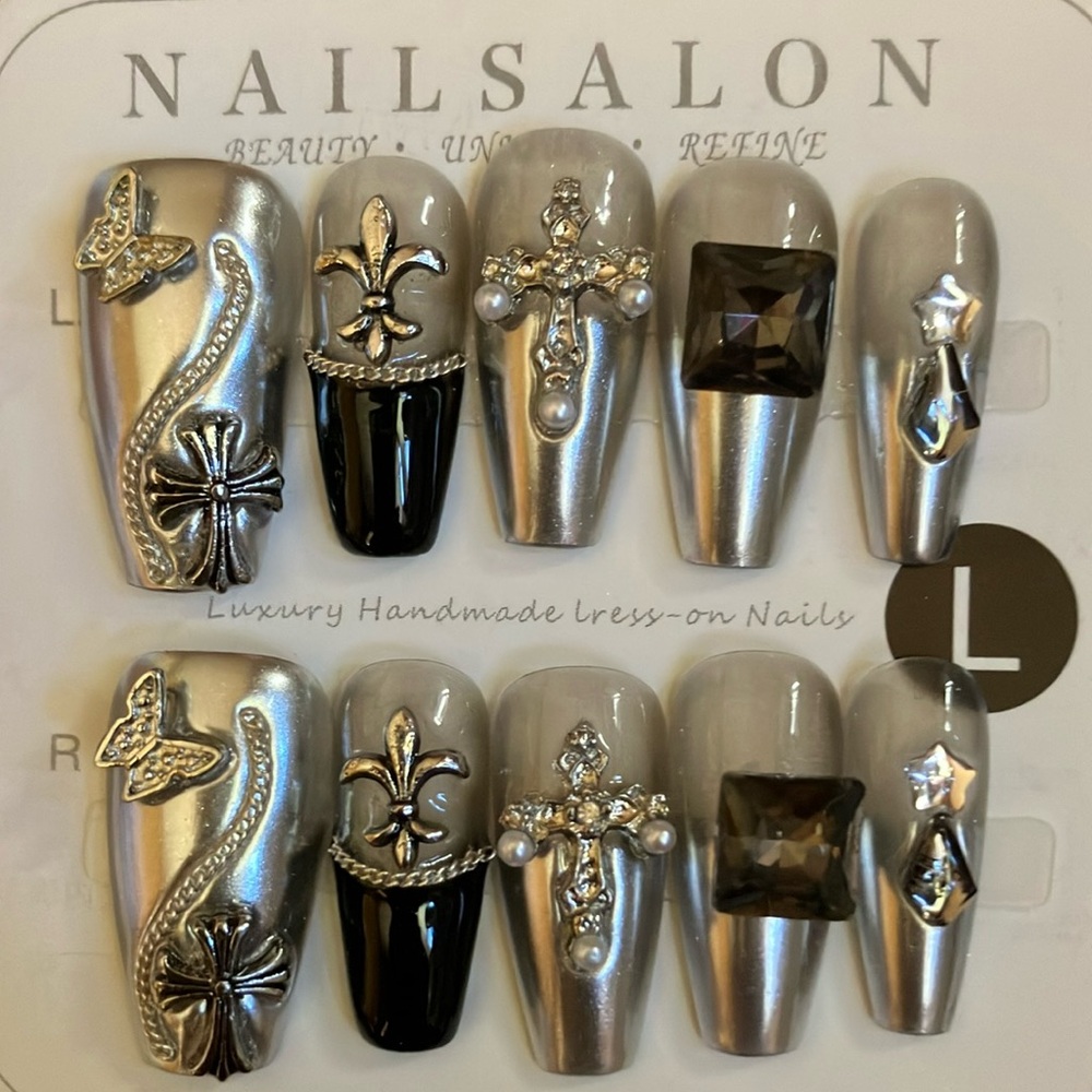 Hand Crafted Silver and Black Press-On Nails with Metallic Finish